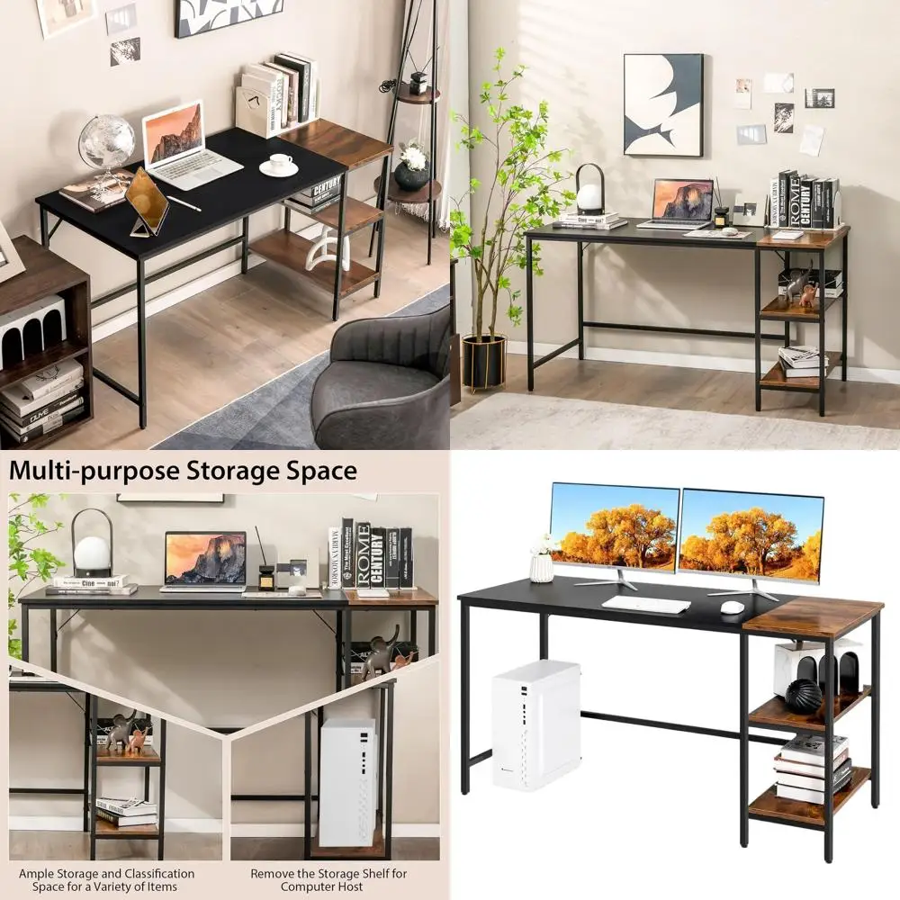 

Универсальный промышленный рабочий стол с съемной полкой, прочная металлическая рама 55 см для домашнего офиса, игр, спальни (черный)