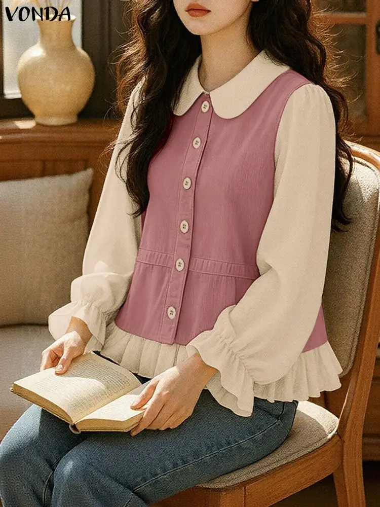 VONDA Moda Manica Lunga Camicie Eleganti Donna Autunno Top Camicetta 2025 Casual Colore Patchwork Colletto Peter Pan Ufficio Blusas