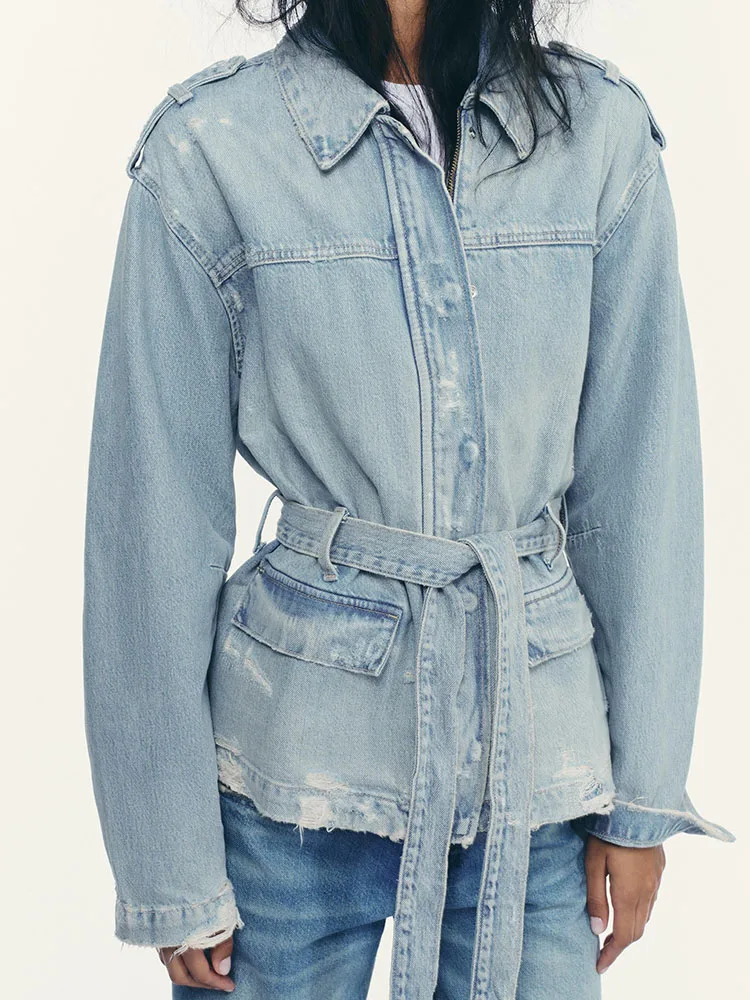 

Милый модный джинсовый джинсовый джет с поясом и дизайном, Новое поступление, женская одежда, этнический сценический костюм, осень 2025 г.