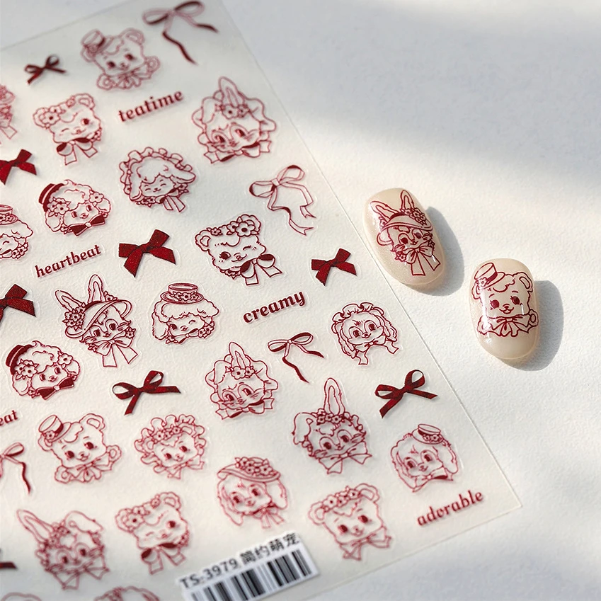 Cute Pet Creamy Rabbit Bear Dog Ribbon Bowknot Lamb Red Painted Heartbeat Flowers Adhesive Nail Art Stickers 3D Manicure Decals