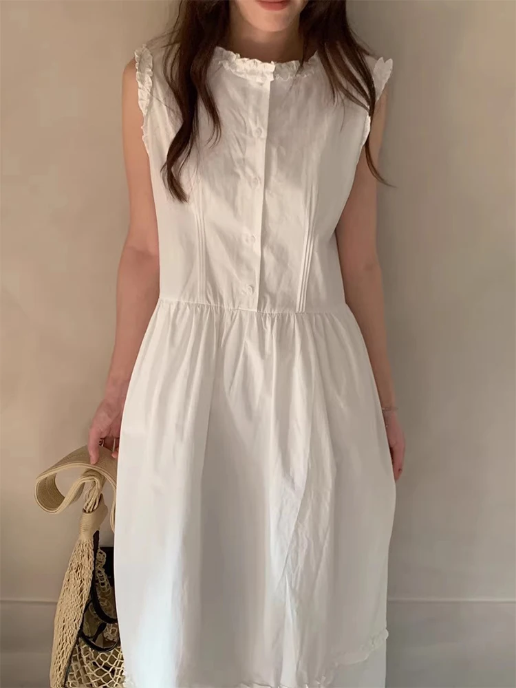 Clothland Women Sweet Ruffled Shirt Dress Sashes Sleeveless A Line One Piece Female Fashion Midi Dresses Vestido QE146