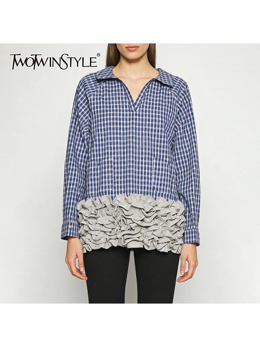 

Модная женская блузка TWOTWINSTYLE с цветными вставками, волнистыми оборками, отложным воротником, длинными рукавами, лоскутными карманами, повседневная