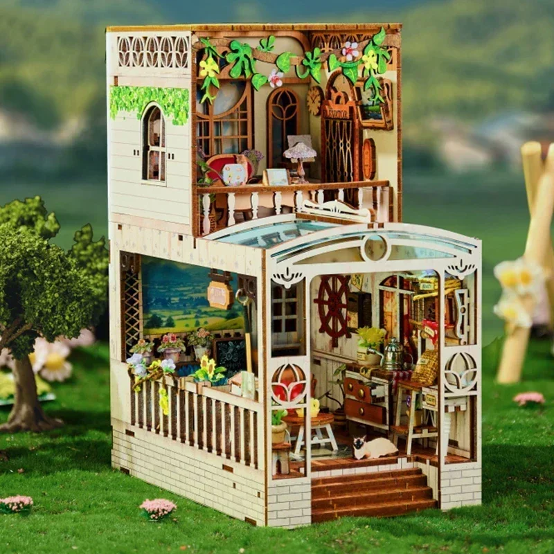 Happy Moments Book Nook DIY Wooden Shelf Insert Miniature Model Kits Bookshelf with Light Bookend for Friends Birthday Gifts