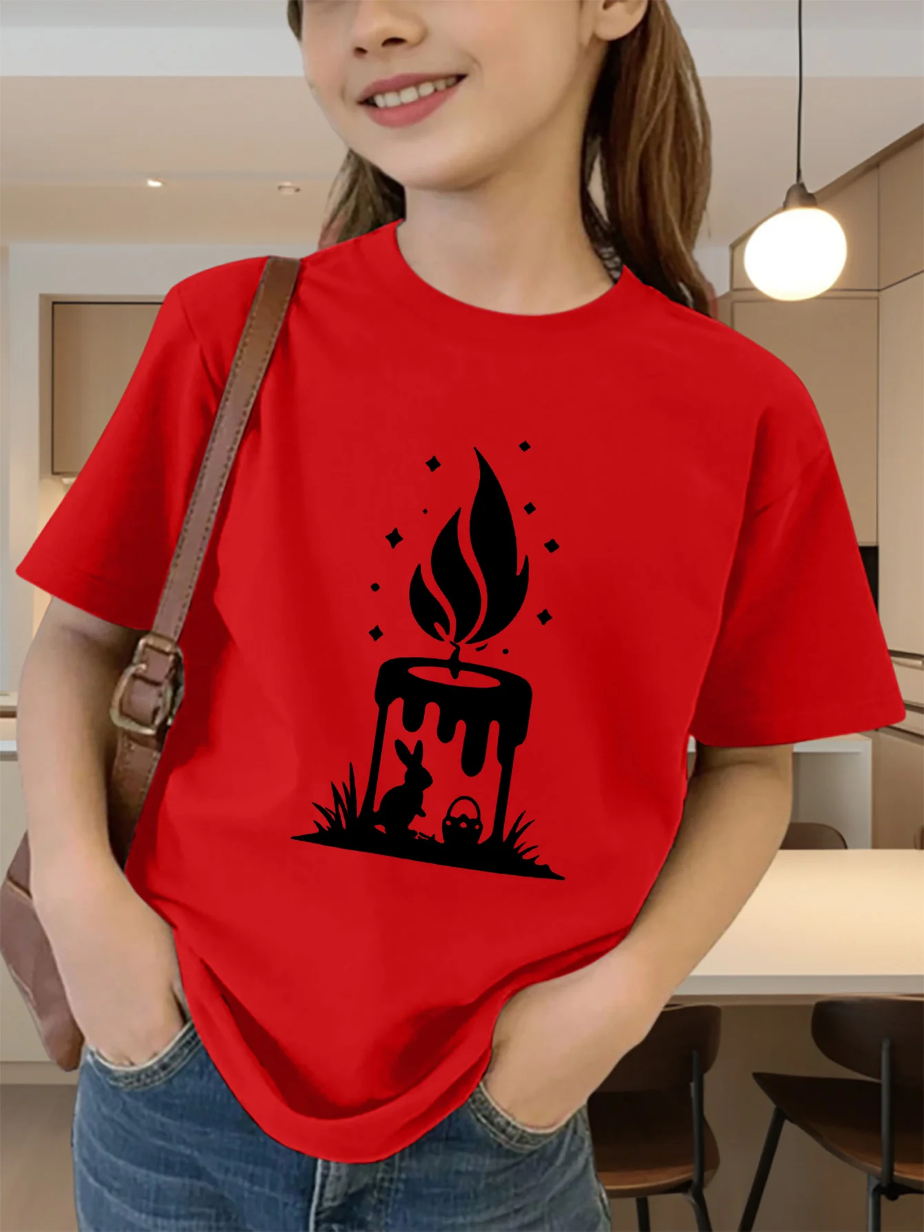 Cute Candle Rabbit Silhouette Print Graphic Kids Tee Boys Girls Family Matching Cotton Crew Neck Short Sleeve Soft Summer Tee