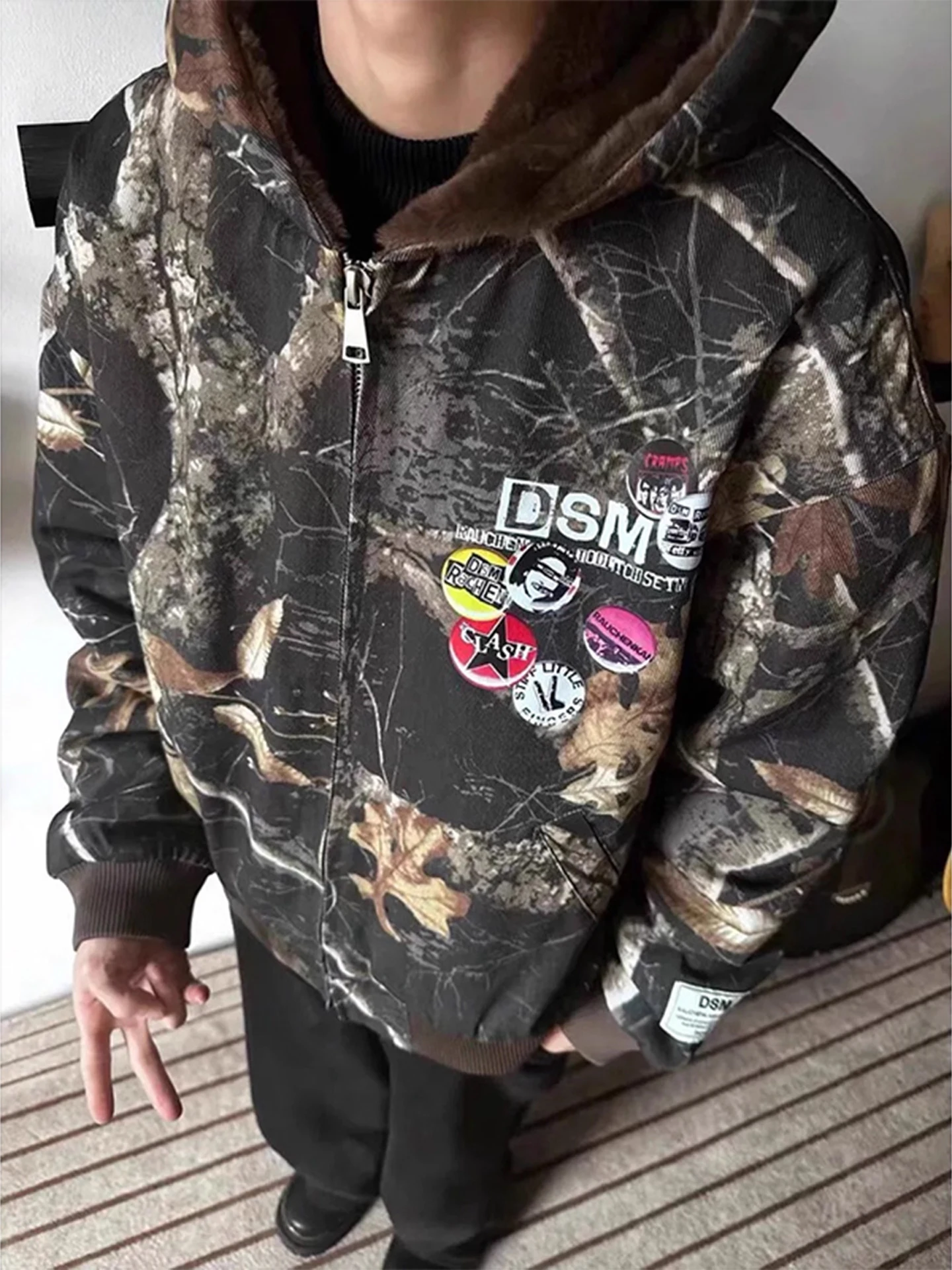 

Retro American Camouflage Cotton Jaet Men Women Winter Thiened Warm Hooded Couple Cotton Clothes Loose Fit Youth Trend