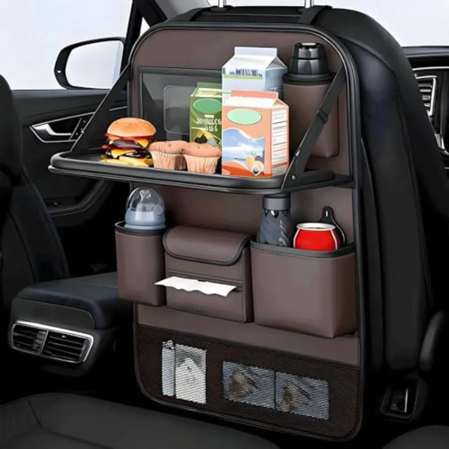 

Universal Foldable Car Backseat Organizer with Table Tray Car Seat Back Protector with Touch Screen Phone Holder Premium Leathe