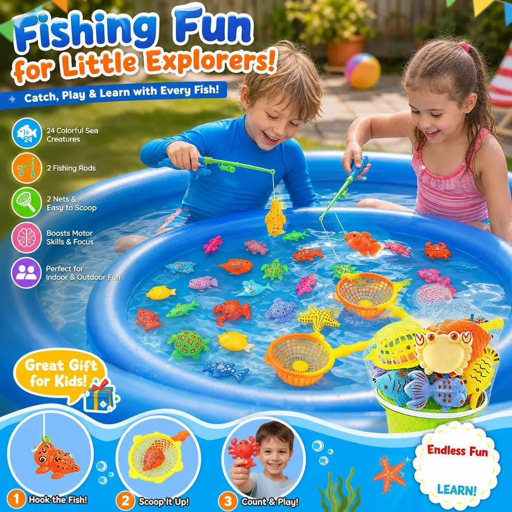 Magnetic Fishing Game Pool Toys Kids 3 4 5 6 7 8 Year Old Water Table Bathtub Kiddie Party Floating Fish Net Rod Toddler Gift