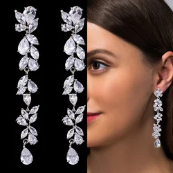 LXOEN Zircons Luxury Marquise Cluster Flower Shape Cubic Zirconia Long Dangle Drop Earrings for Brides Wedding Party Jewelry