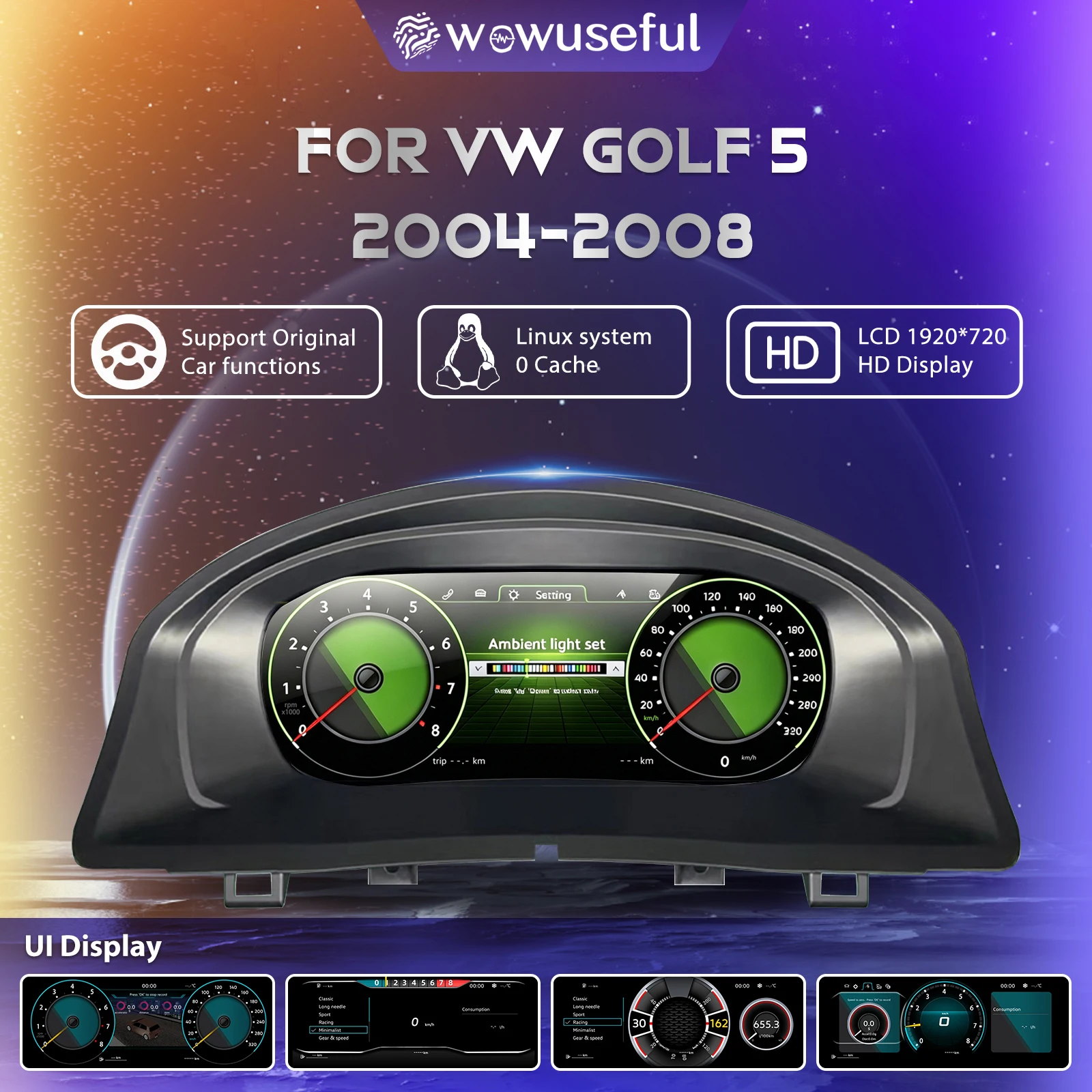 Cruscotto digitale LCD HD 1920*720 per VW Golf 5 MK5 anni 2004-2008 - Pannello strumenti