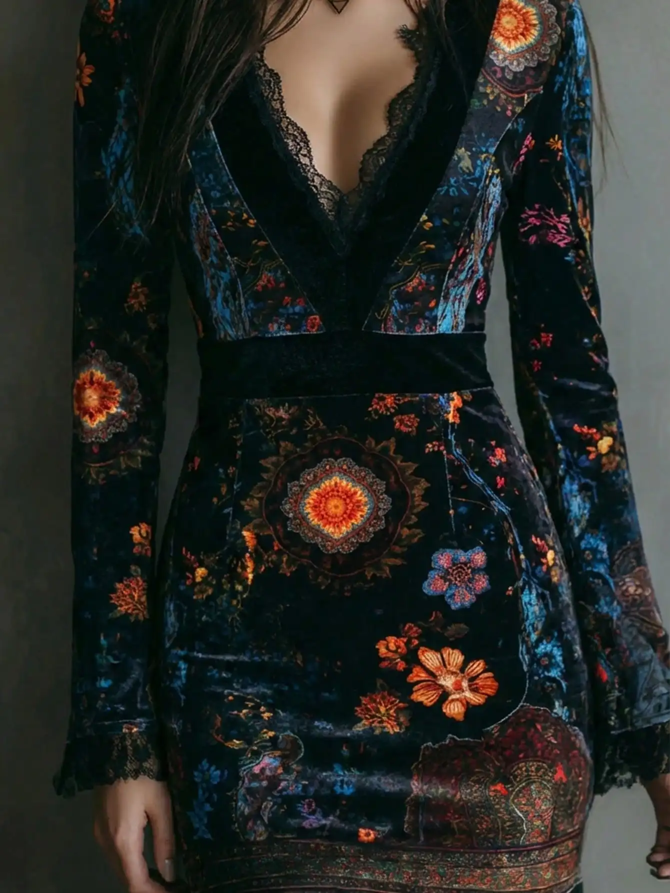 

Богемное бархатное мини-платье с цветочным принтом, V-образным вырезом и кружевной отделкой