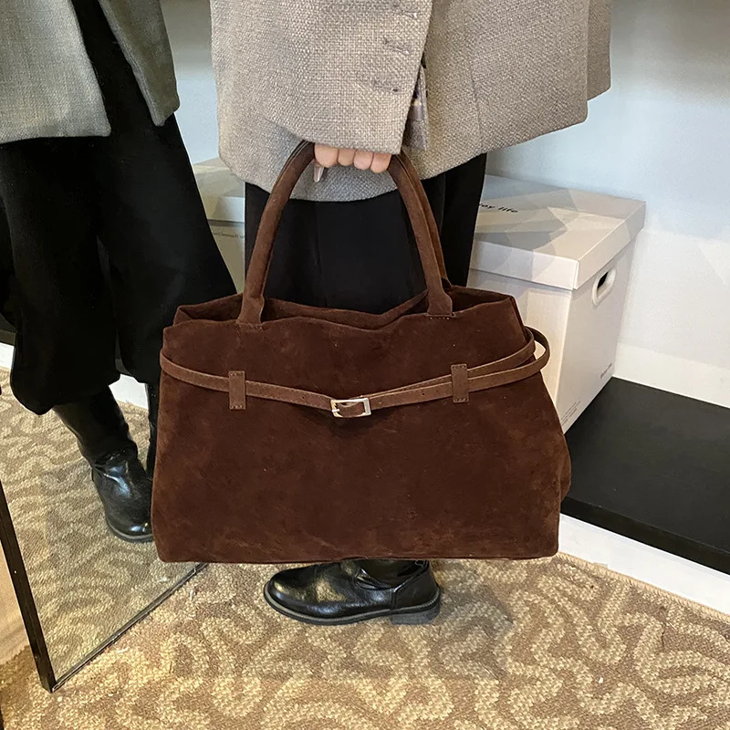 Schnalle Dekoratives Design Solide Faux Wildleder Handtasche Große Kapazität Haspe Casual Tote Heißer Verkauf Taschen für Frauen Bolsas Femininas – Detail 9