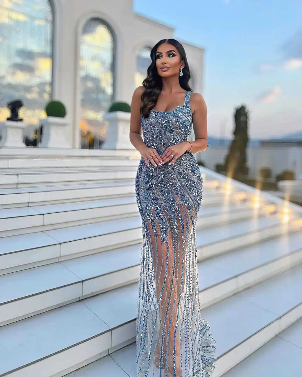 فساتين سهرة جميلة المظهر حورية البحر بدون حمالات مطرز بالترتر بدون أكمام فستان حفلات فساتين الحفلات Vestido De Noite مخصصة