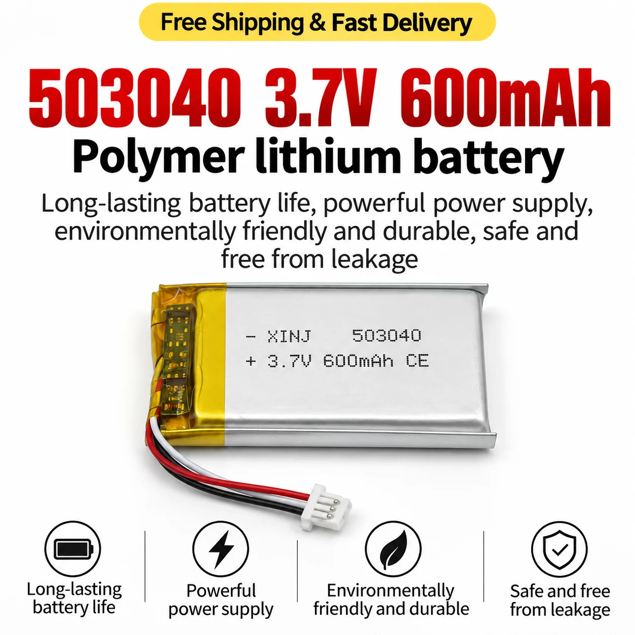 503040 3.7V 600mAh Li-Polymer Battery with JST 1.0mm 3-Pin Connector NTC Thermistor for GPS Dash Cam Bluetooth Speaker 3-Wire