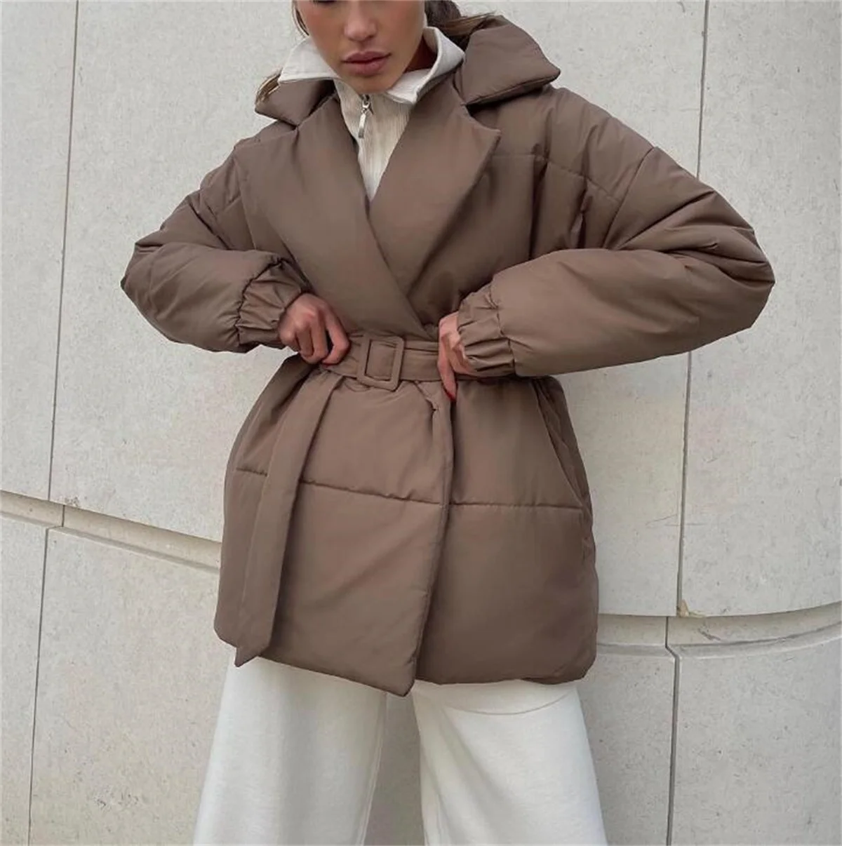 Lapel Winter New Thickened Jacket Fashion Solid Puffer Jacket Women Vintage Belt Loose Warm Parkas Coats Ladies Casual Outwear