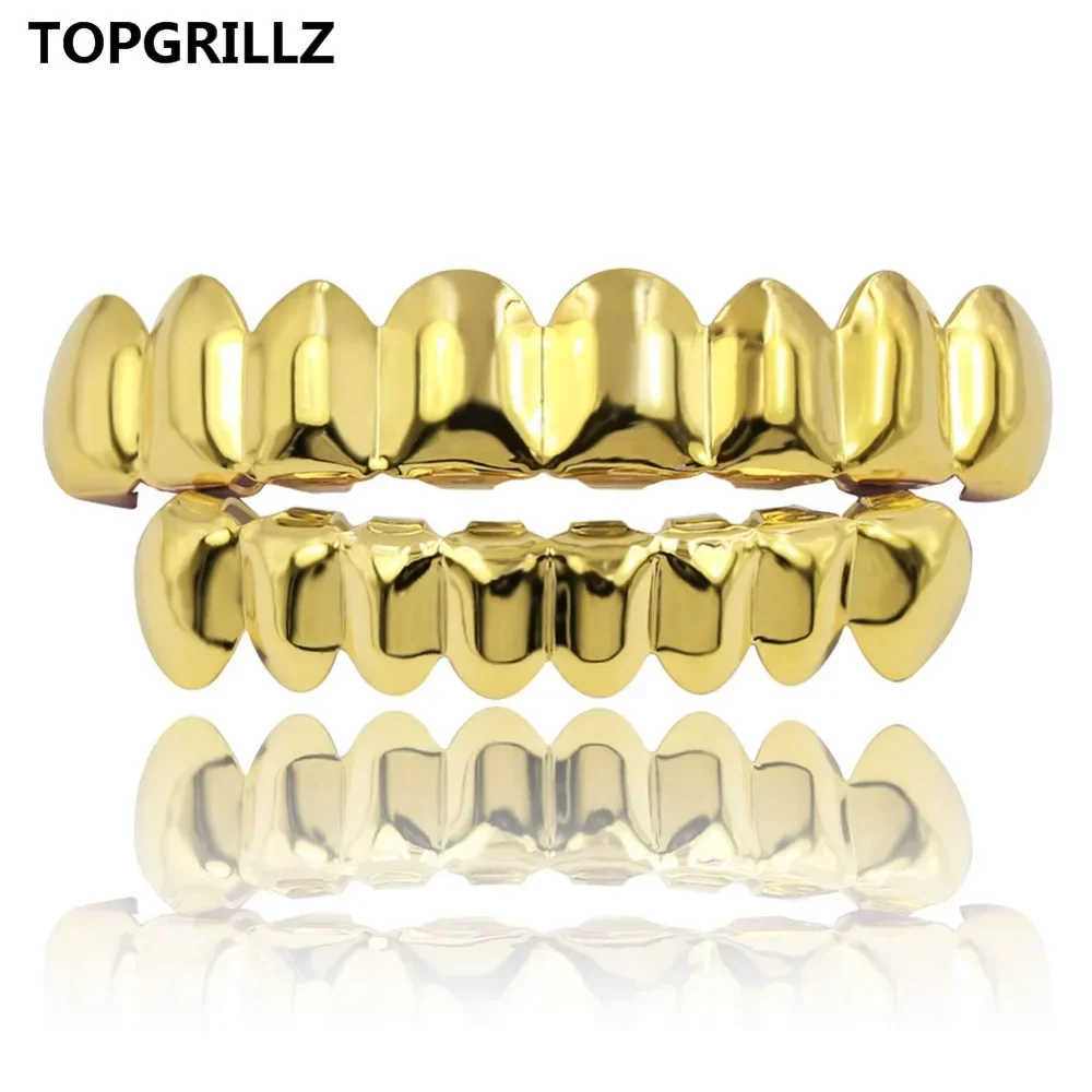 

TOPGRILLZ 8/8 Hip Hop Teeth Grillz Set Gold Silver Color Top & Bottom Body Jewelry Punk Cosplay Party Tooth Grills Gifts