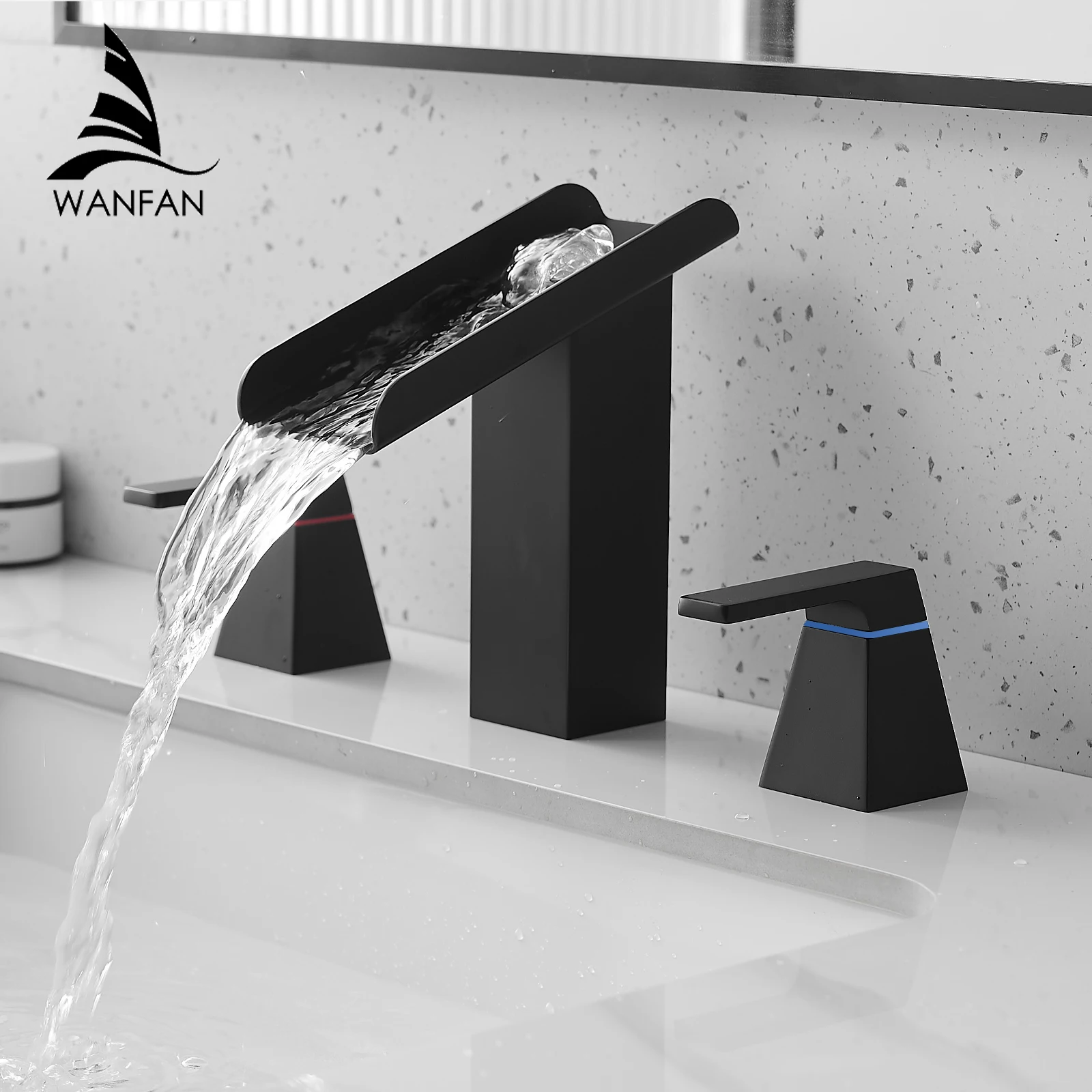 

Basin Faucets stainless steel Black Deck Mounted Square Bathroom Sink Faucets 3 Hole Double Handle Hot And Cold Water Tap 855121