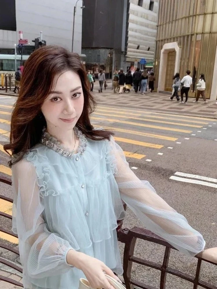 Doce babados camisas femininas 2025 camisas de mujer manga longa blusas soltas vintage único breasted plissado chique blusa coreana