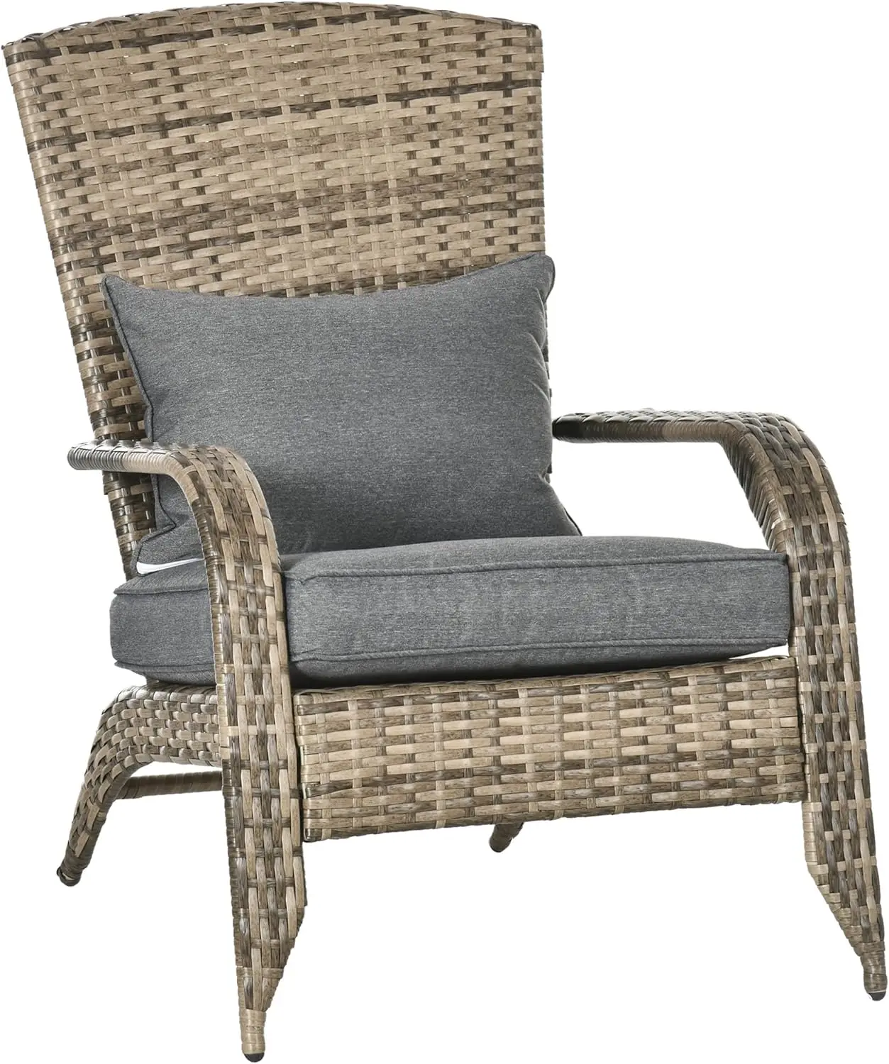 Patio Wicker Adirondack Chair, Outdoor All-Weather Rattan Fire Pit Chair w/Soft Cushions, Tall Curved Backrest and  Armrests