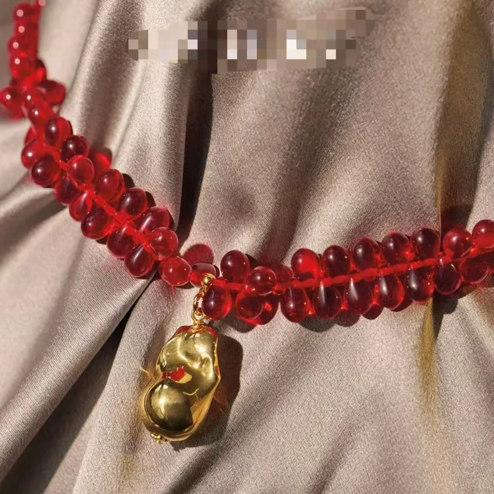 Red Coloured Glazed Beaded Clavicle Chain Water Drop Natural Stone Light Luxury Niche High-end Simple Bracelet Fashion Item