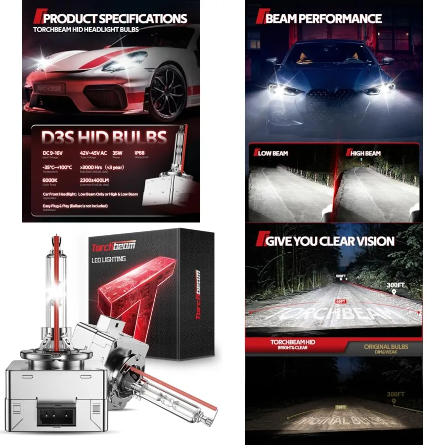 

D3S HID Headlights, 400% Brightness HID Bulbs, 6000K Diamond White Xenon Replacement Bulbs, Metal Snap Ring and Base Lights, Pa