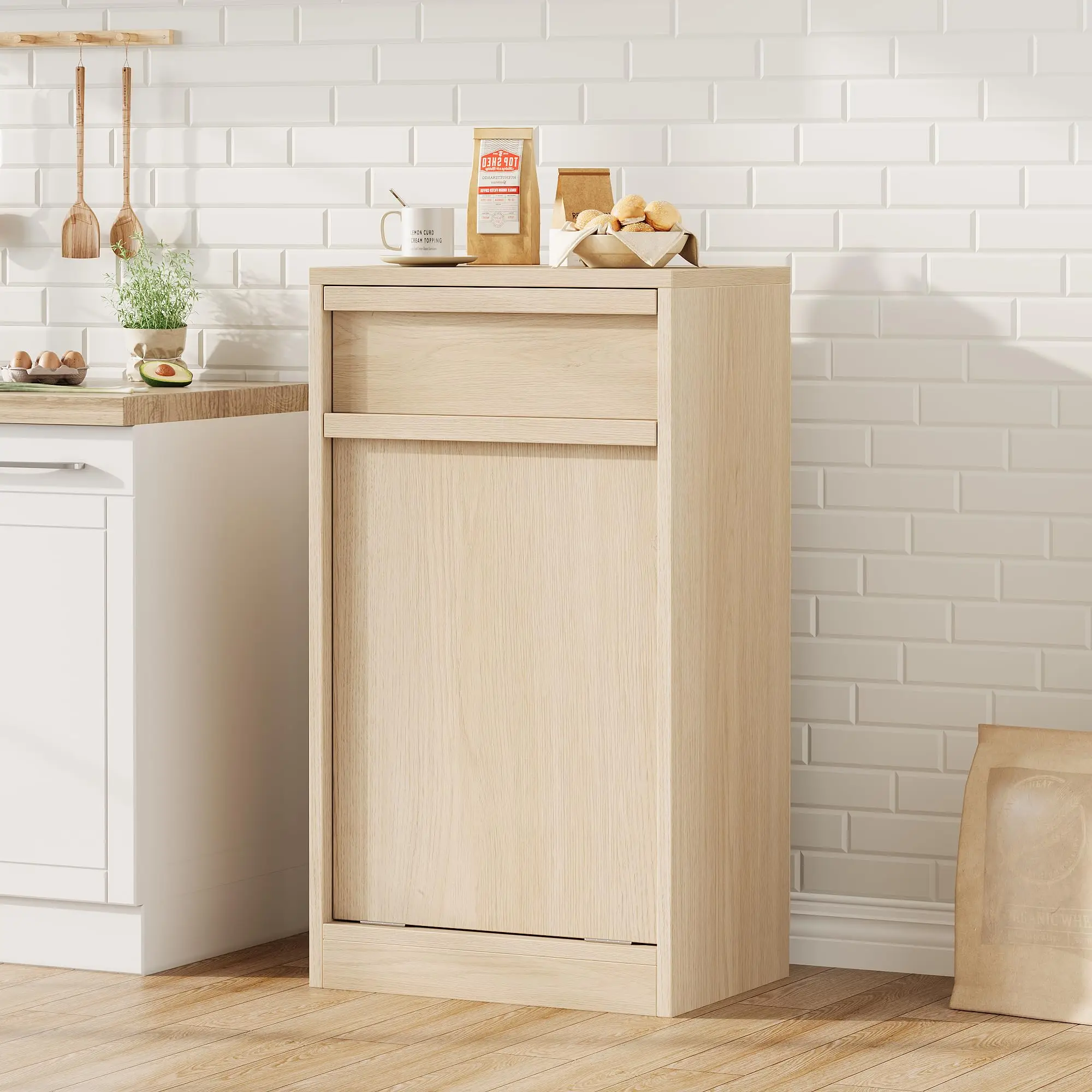 

Выдвижной мусорный шкаф из натурального дуба, вместимостью 10 галлонов, скрытый контейнер для мусора, защищенный от домашних животных, для хранения и белья