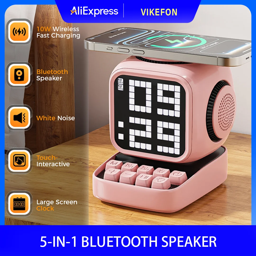 

Беспроводная подставка для зарядного устройства, ретро Pixel Art, Bluetooth, портативный динамик, будильник, светодиодный дисплей, милый подарок, украшение для дома