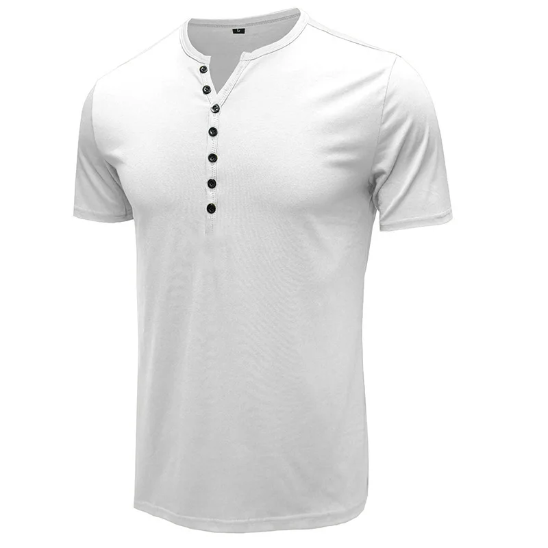 High quality 2024 new men's summer V-neck button style T-shirt, men's solid color short sleeved casual cotton T-shirt s-2xl