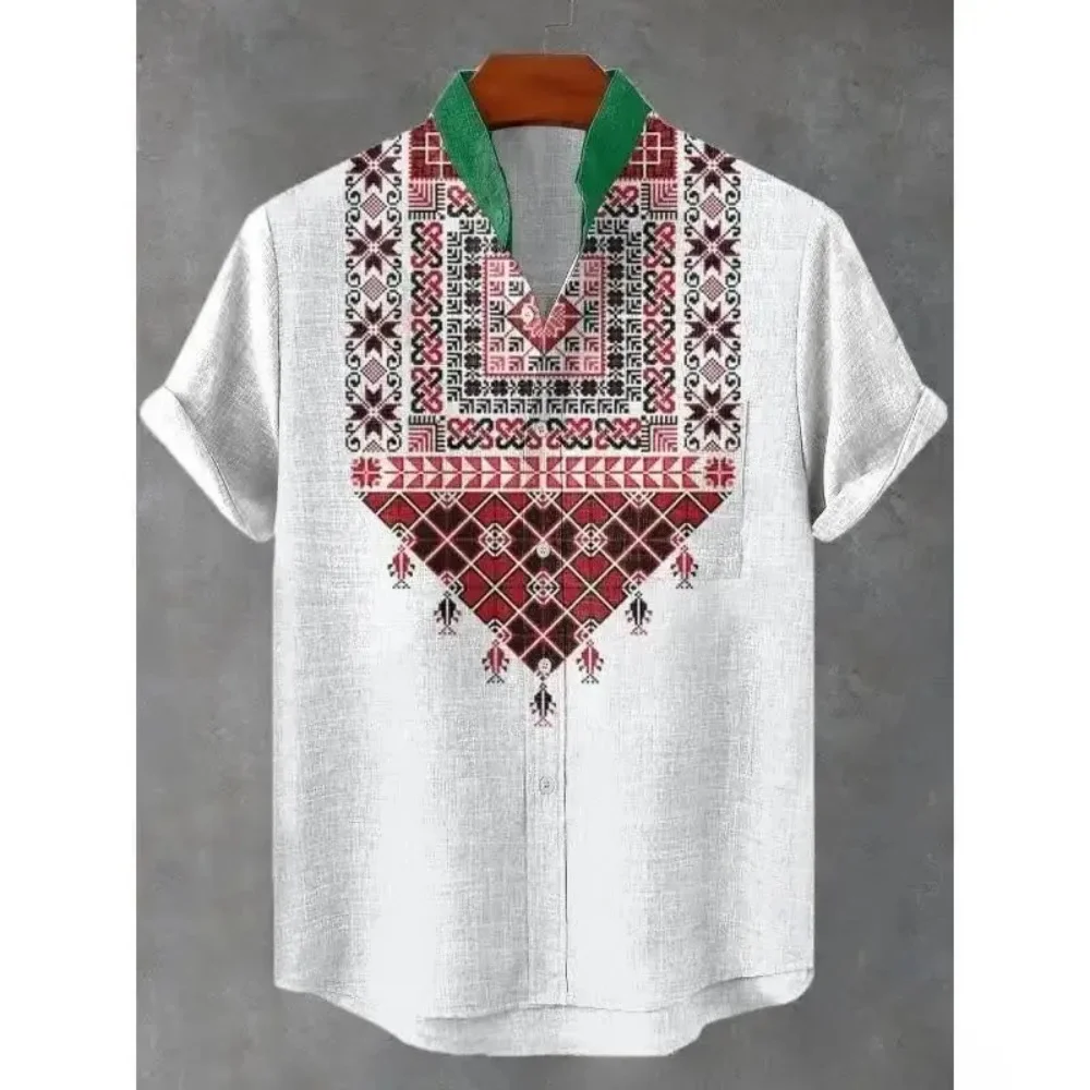 Men's Summer Shirt, Fashionable Stand-Up Collar Short-Sleeved Cardigan, Ethnic Tribal Printed Pocket, Linen Breathable Men's Top