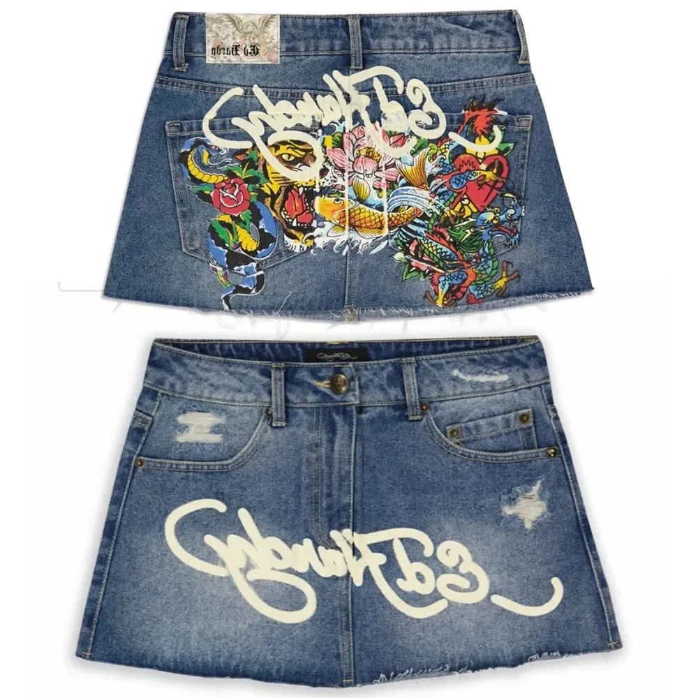 Streetwear rok Y2k untuk wanita, rok Denim Mini ramping pinggang tinggi cantik rok Denim biru antik motif huruf Hip Hop Gothic, rok pendek Mini ramping pinggang tinggi, rok Denim untuk wanita