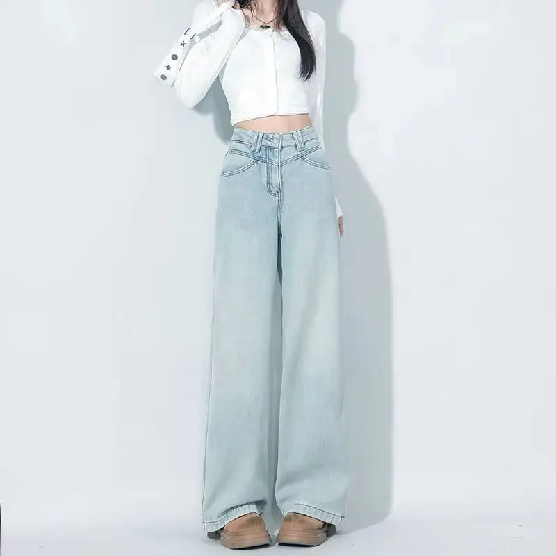 

Summer New Loose Slim Women Jeans Simple Basic Fashion Street Woman Jeans Light Blue High Waist Chicly Wide Leg Pants Female