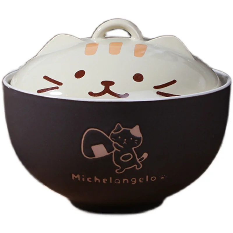 Cartoon Cat Ceramic Instant Noodle Bowl Japan Cute Cat Ceramic Bowl with Lid Fruit Bowl Cartoon Kitchen Tableware Lunch Box