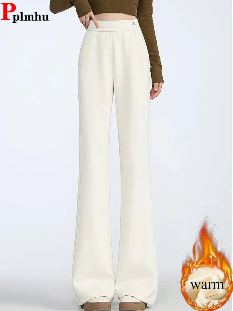

Зимняя одежда, тонкие брюки-клеш, женские повседневные эластичные спортивные штаны с высокой талией на бархатной подкладке, корейские модные утепленные однотонные брюки