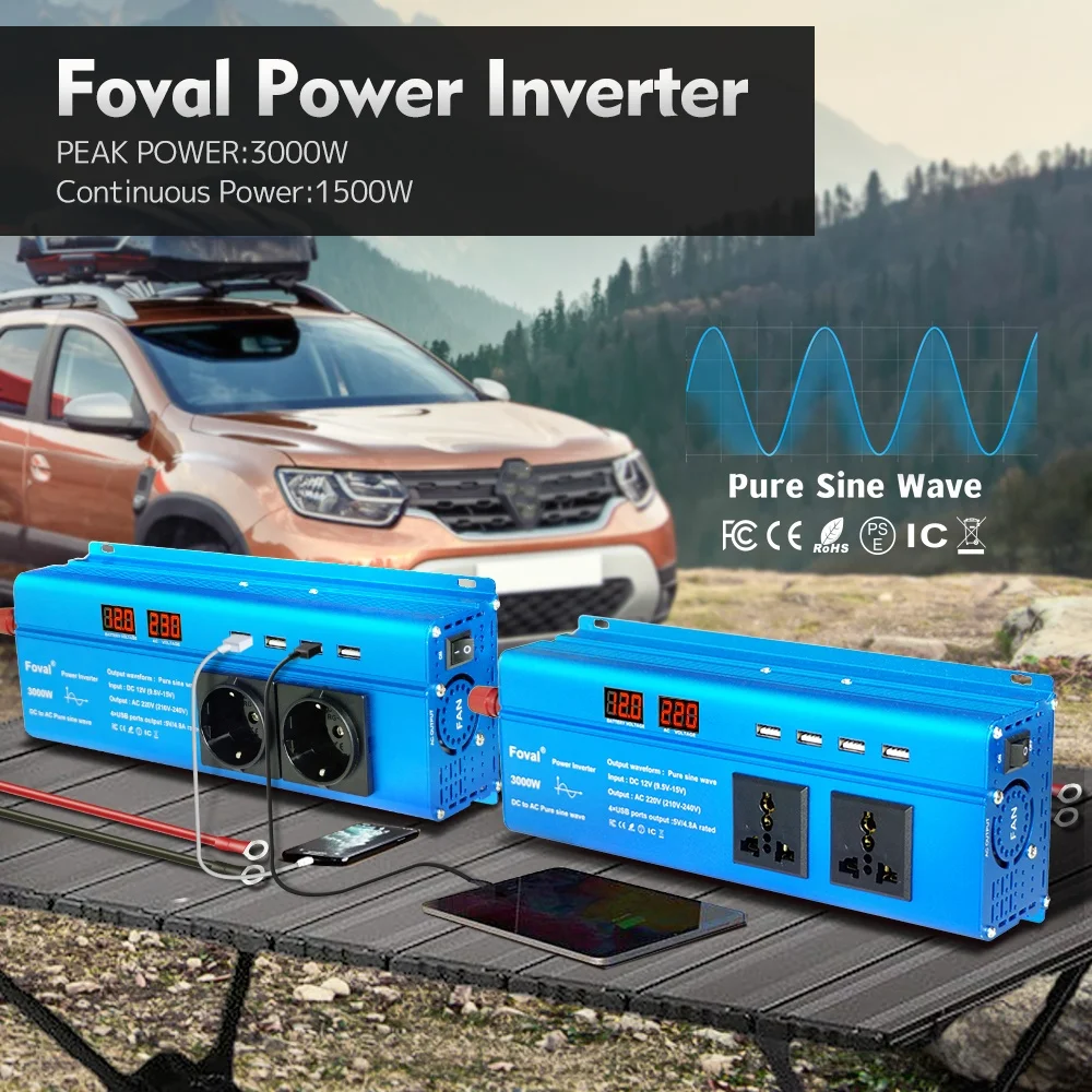 

Power Inverter 3000W DC12V To AC110V/220V Transformer With USB Pure Sine Wave Universal/EU/US Socket Charge LED Display