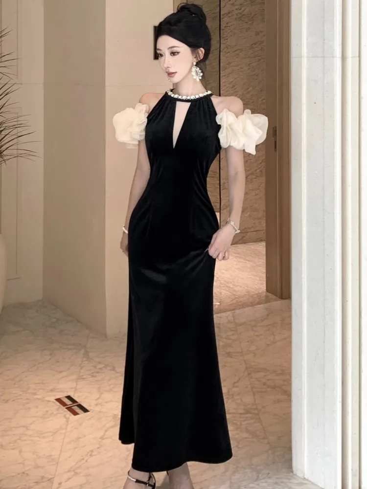 

Sexy Off Shoulder Evening Dresses French Halter Hollow Out Bodycon Party Mermaid Dress Elegant Gown Female Outfits Long Robe New
