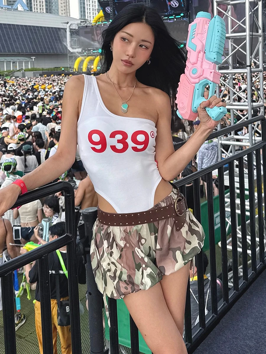 

Комплект из юбки-брюк с цифровым принтом в стиле американского музыкального фестиваля Weird Puss, камуфляжный, модный, для девушек, с коротким рукавом, горячая новинка