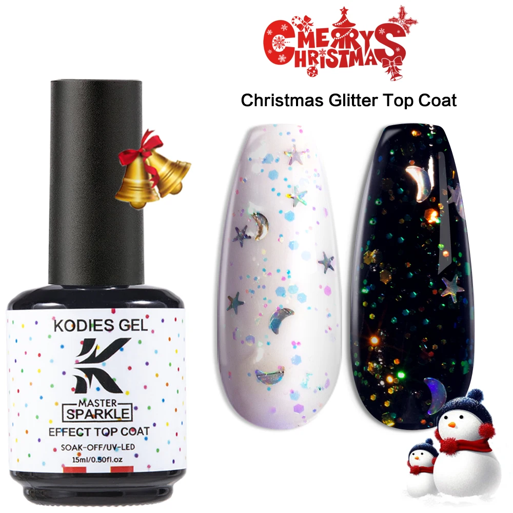 2024 New Christmas Gel Nail Polish Glitter Top Coat No Wipe Stars Moon Silver Gel Varnish Finish All for Manicure Sparkle Shine