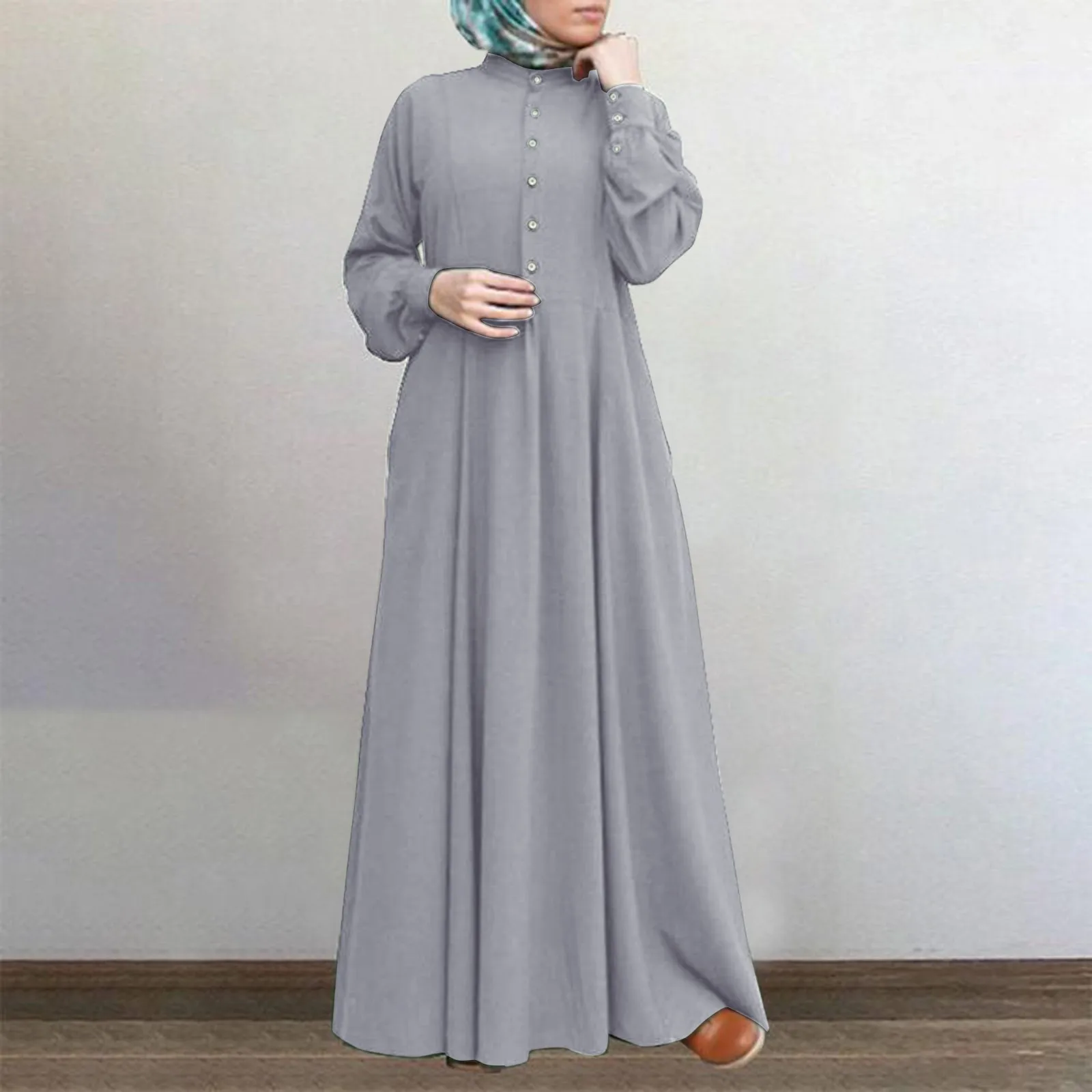 

Women's Solid Colour Muslim Long Dresses Spring Casual Ethnic Features Vintage Cardigan Round Neck Buttons Large Swing Dress