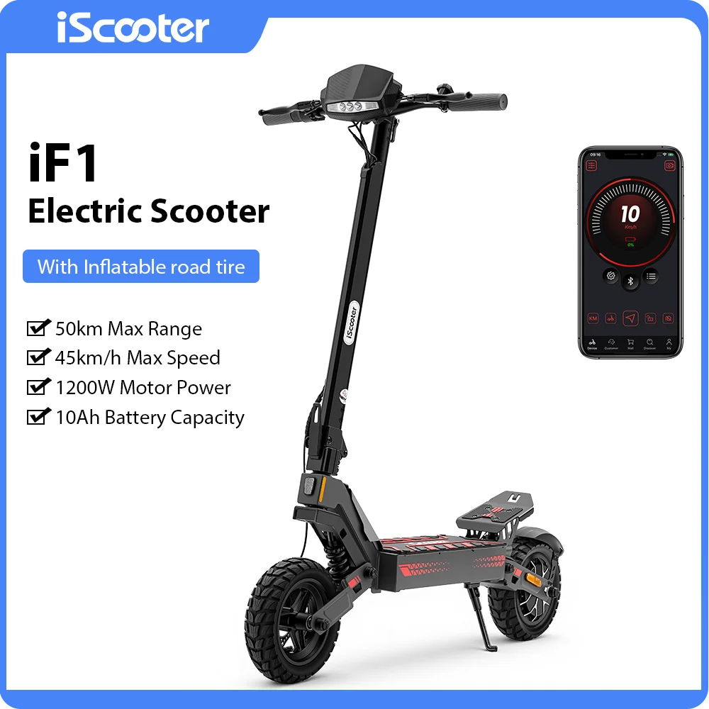 Trottinette électrique iF1 iScooter 1200W, 48V 10Ah, 45KM/h, avec application, pneus sous vide de 10 pouces