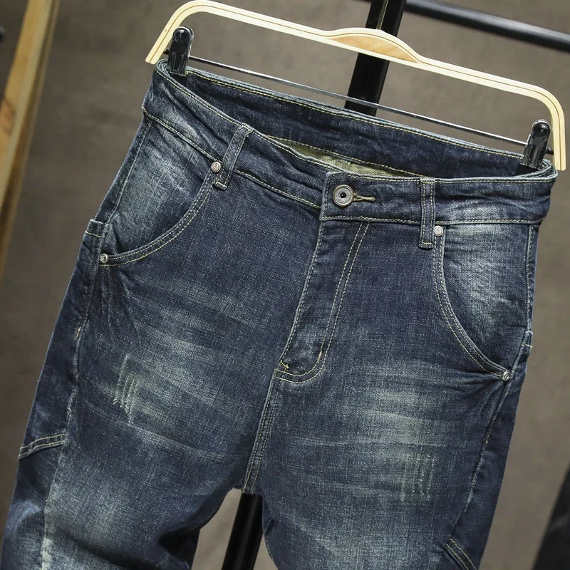 

Мужские осенние джинсы-шаровары, модные дизайнерские свободные мешковатые мото-джинсы с карманами, мужские эластичные уличные джинсы в стиле ретро, свободные зауженные джинсы 42,069