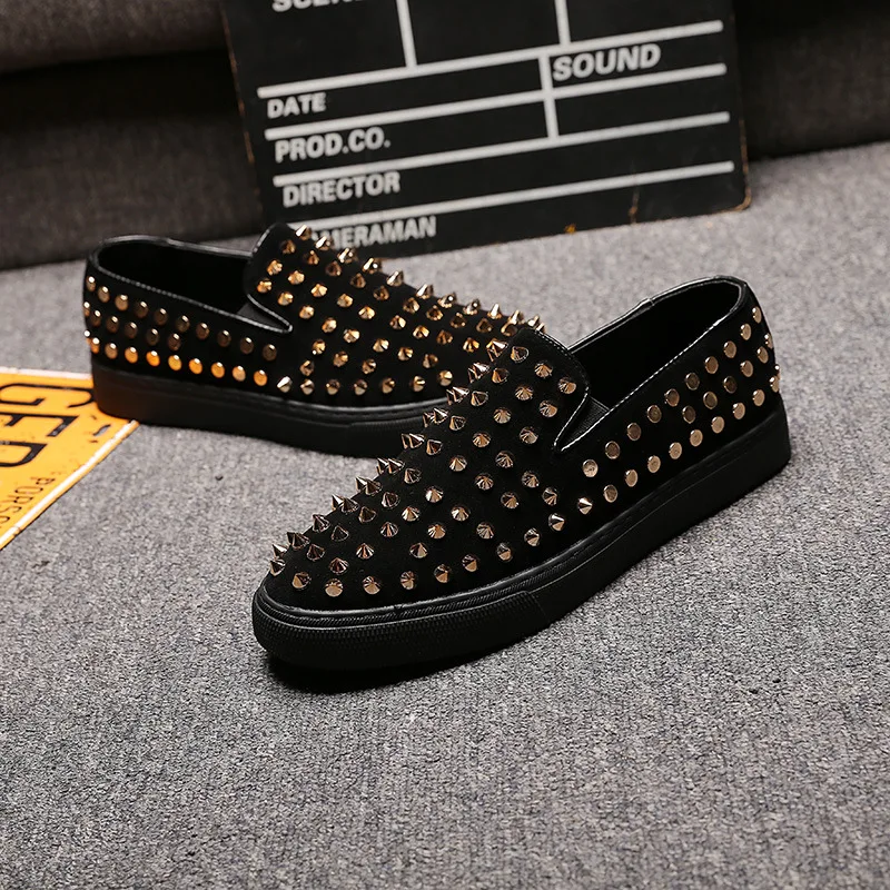 mens fashion rivets shoes slip-on studded shoe punk hip hop dress flats platform spikes loafers brand designer youth footwear