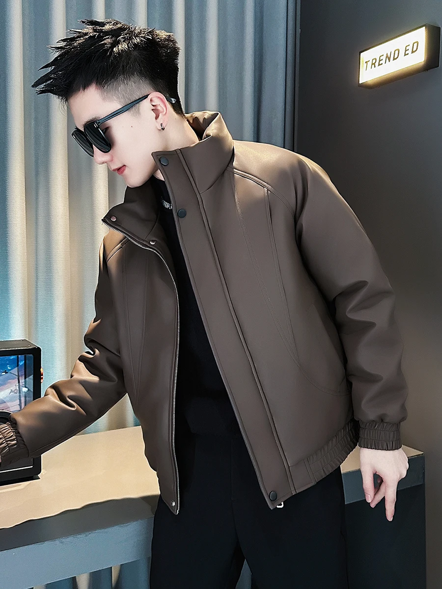 

Мужская зимняя куртка из искусственной кожи Thiened, теплое хлопковое пальто, облегающая верхняя одежда на подкладке Fce, молодежная модная ort Sle на молнии Cl...