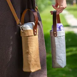 500ml Water Bottle Cover Bag Pouch Washable Kraft Paper Water Pouch Holder Shoulder Strap Bottle Carrier Insulat Bag Camping