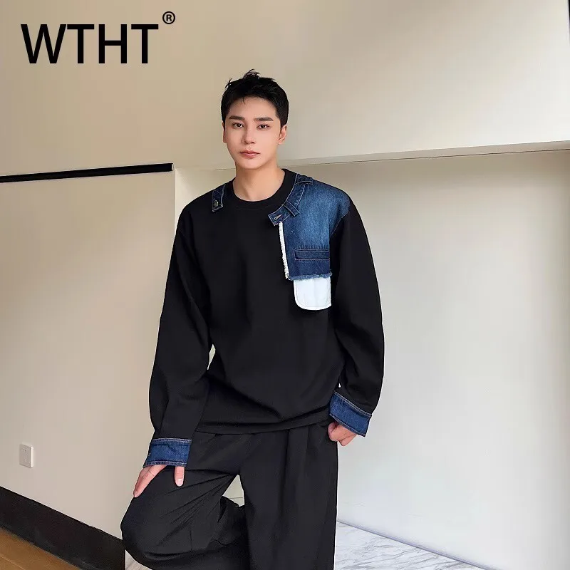 

WTHT модные мужские свободные джинсовые футболки контрастного цвета, модные топы с круглым воротником и длинными рукавами, мужские осень 2023, 2A1842