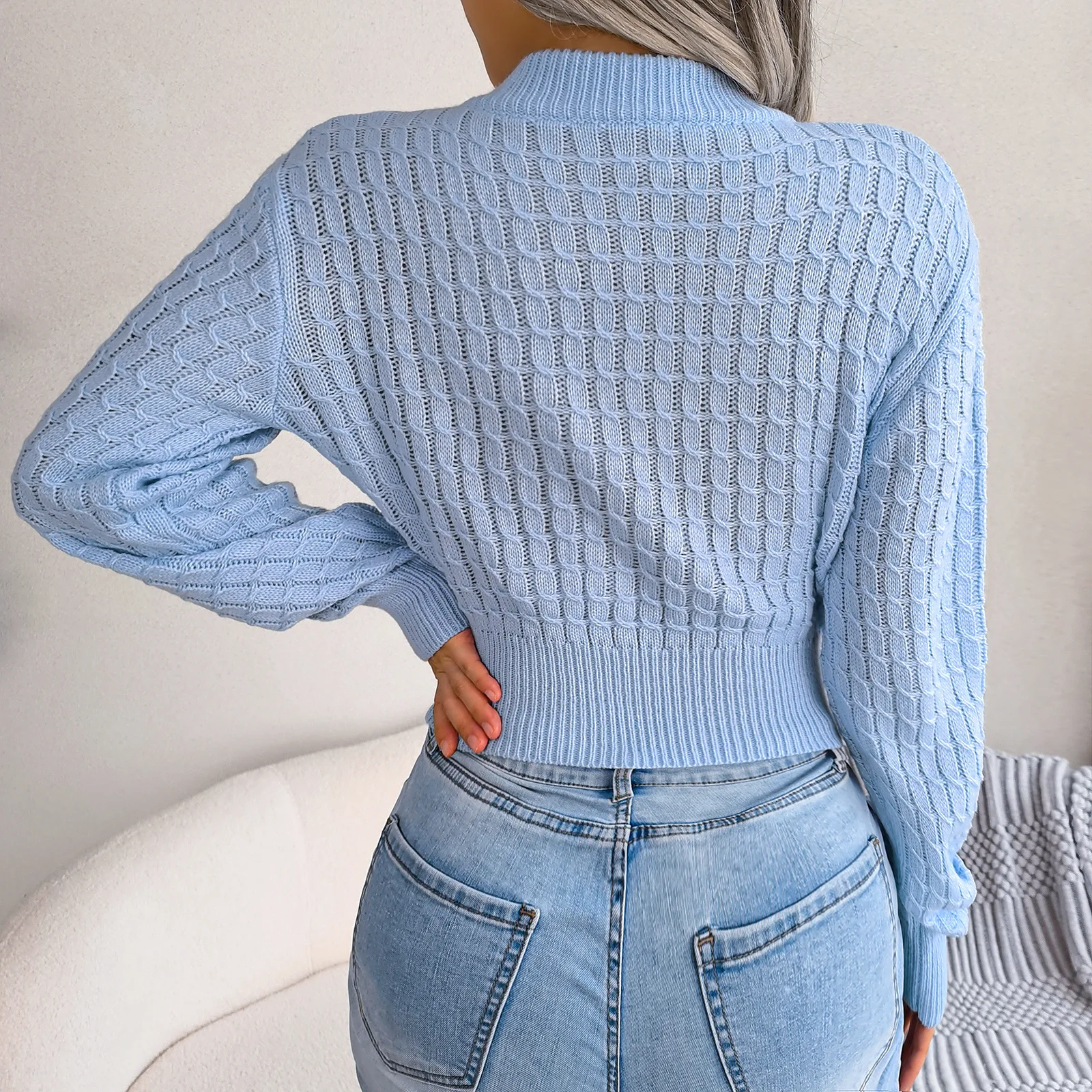 Women's Cropped Ribbed Knit Top - Y2K Casual Vacation Pullover, Fall Winter Solid Color Long Sleeve Shirt