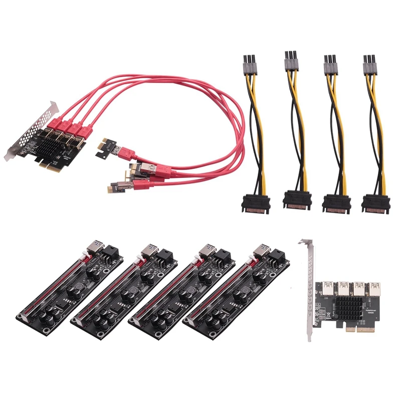 

NEW-PCIE 4X To 4 Port USB 3.0 PCI-E Riser 4X To16x Expansion Card With PCIE 1 To 4 Riser VER009S PLUS PCI Express Card Set