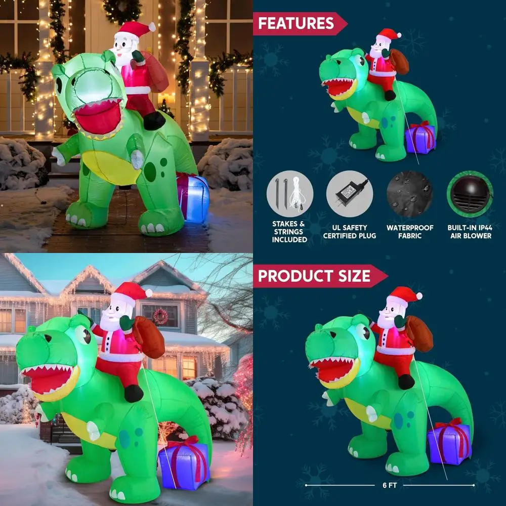 

Надувной динозавр высотой 6 футов с Санта-Клаусом на Рождество, наружное украшение для двора со светодиодной подсветкой