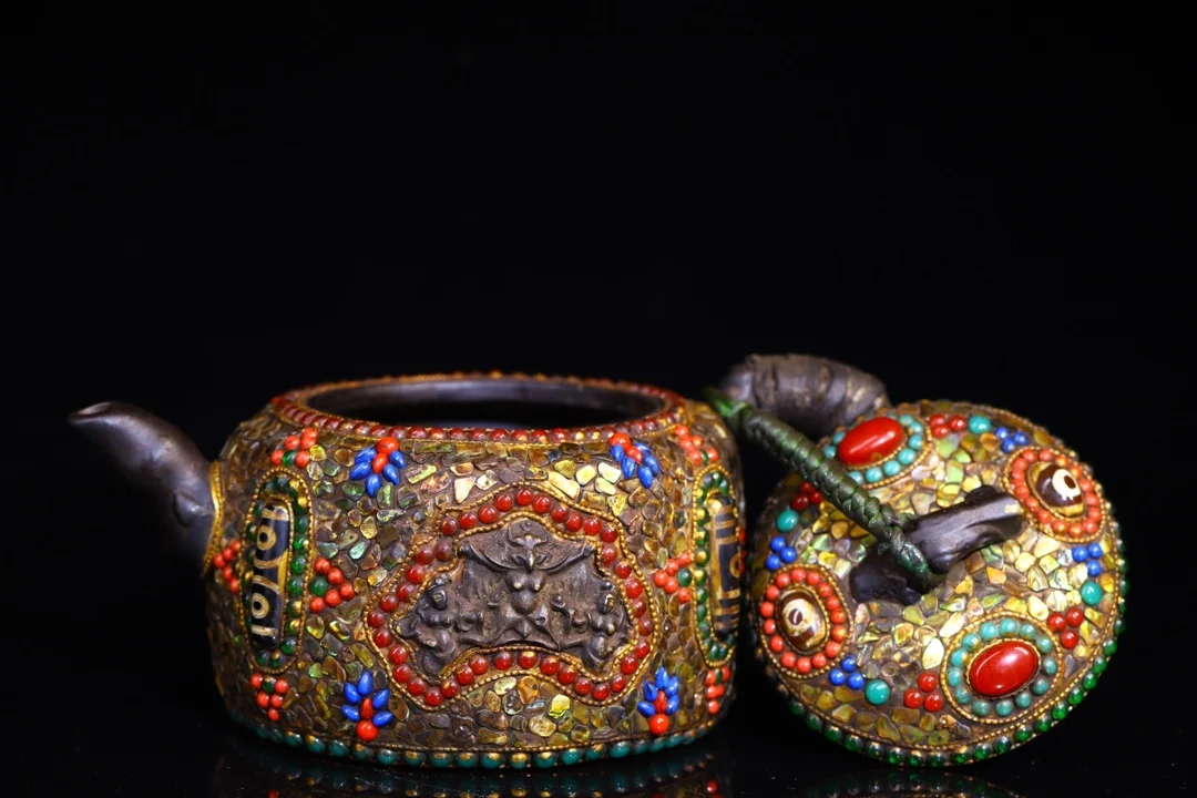 8 "مجموعة معبد التبت القديمة الأرجواني وعاء الطين إبريق الشاي فسيفساء جوهرة gZi الخرز قذيفة GARUDA بوذا وعاء الزبد غلاية إبريق الشاي