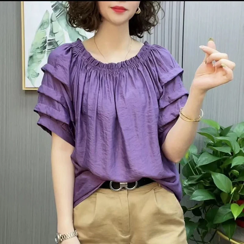 Blusa de manga abullonada para mujer, camisa informal holgada con cuello redondo y pliegues de Color liso para verano, 2024