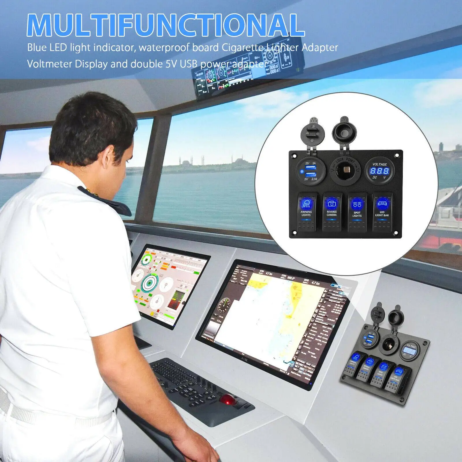 

Better-12-24V 4 Gang Toggle Blue LED Rocker Switch Panel Circuit Breaker Waterproof For Car Marine Boat