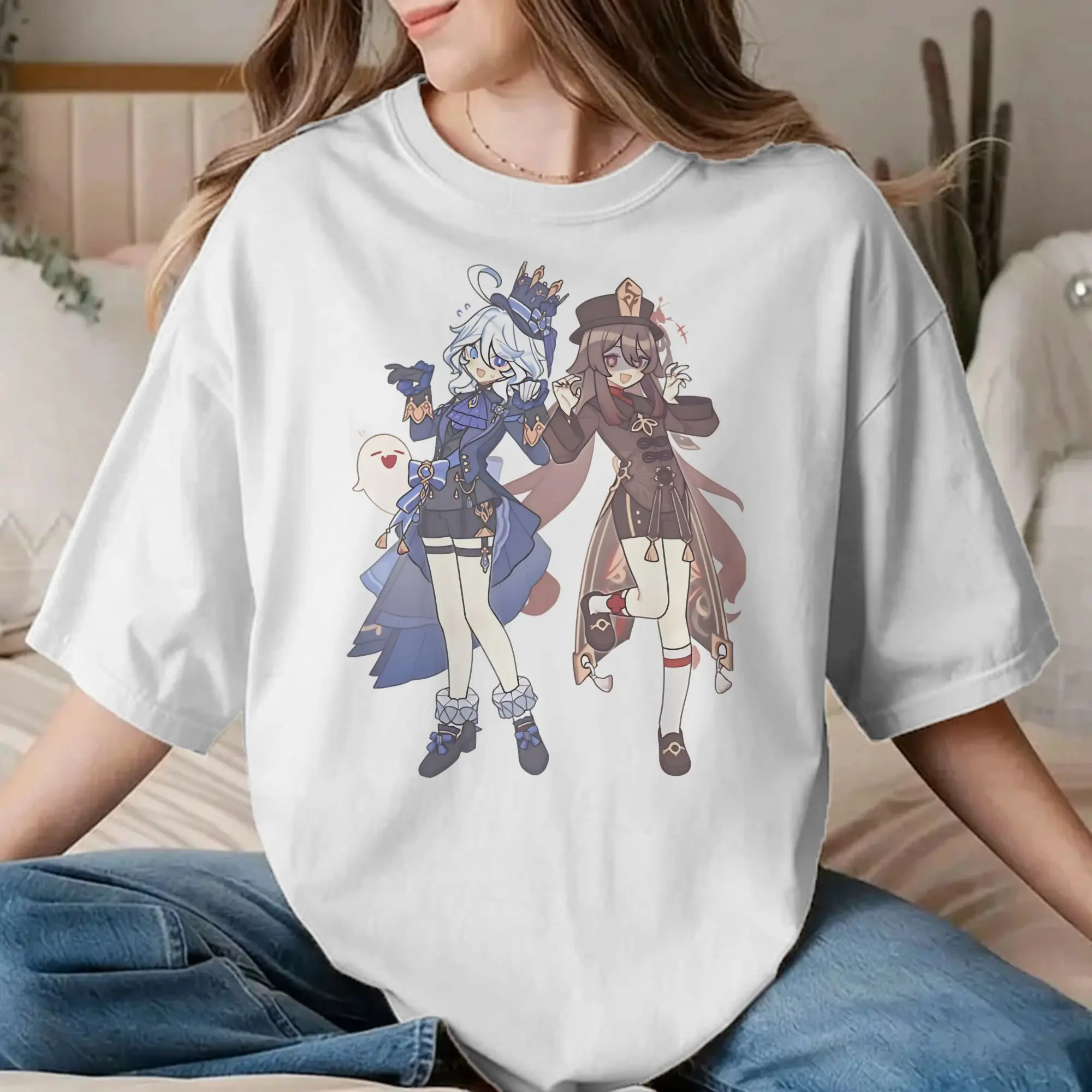 Vintage Furina Hutao T-Shirt for Men Women Round Collar Cotton T Shirt Genshin Impact Game Short Sleeve Tee Shirt Original Tops